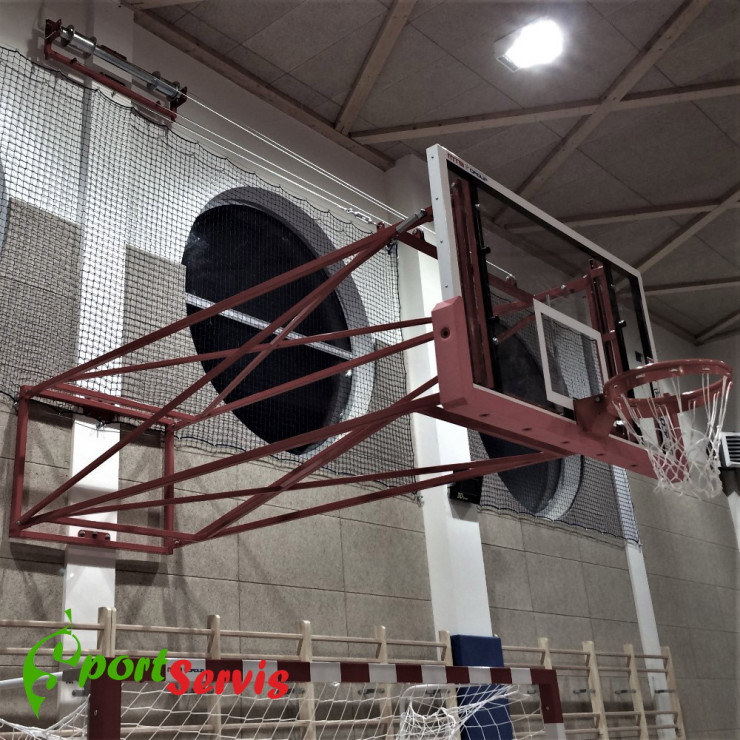 The basketball construction with electric raised, backboard projection 400 - 550 cm